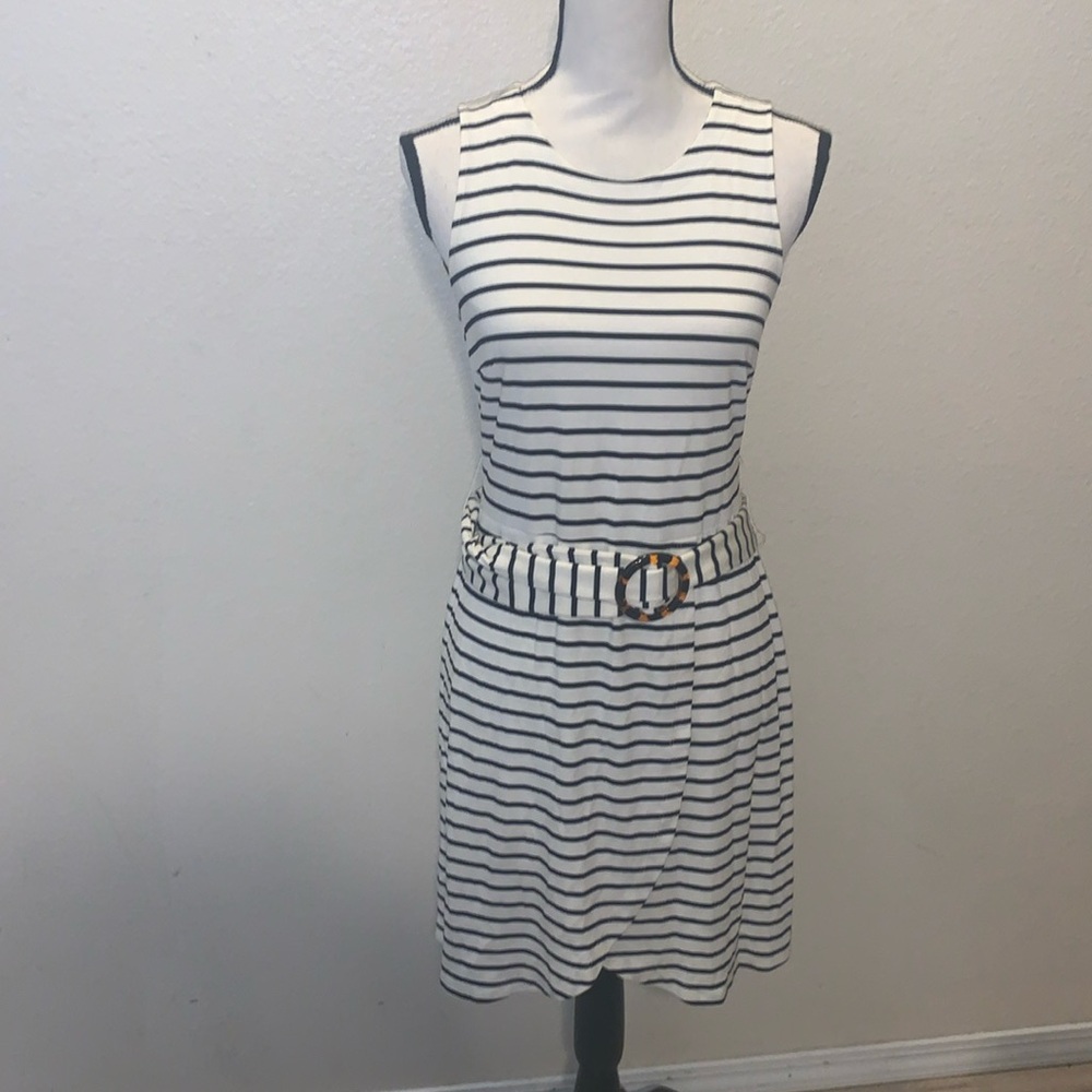 Ann Taylor Loft white striped office sleeveless midi dress with belt